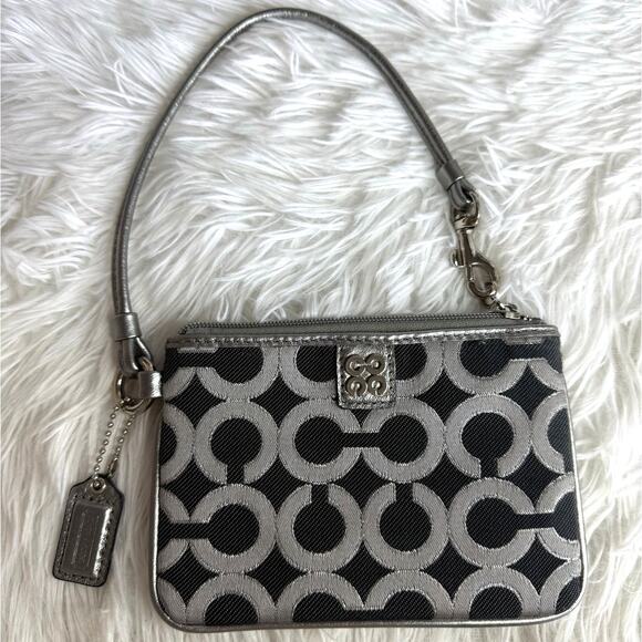 COACH Silver Gray Black Signature Canvas Wristlet - Picture 1 of 8